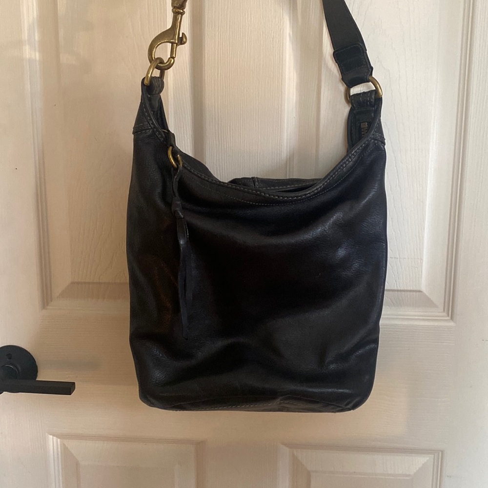 VINTAGE COACH NYC BLACK LEATHER DUFFLE FEED SAC  BUCKET BAG